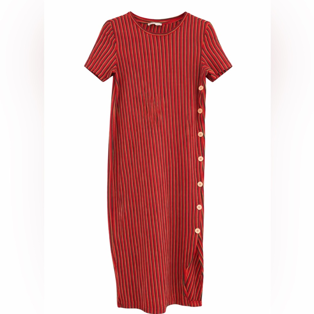 Zara Red Rainbow Striped Side Button Tee Shirt Midi Dress